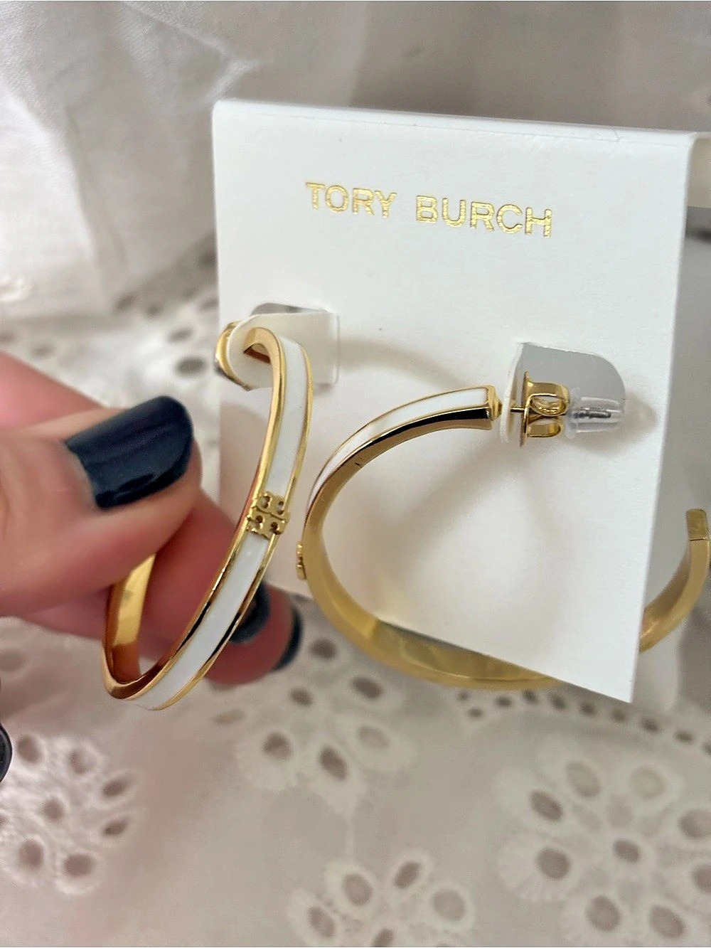 Tory Burch Icon Enamel Hoop Earrings White & Gold